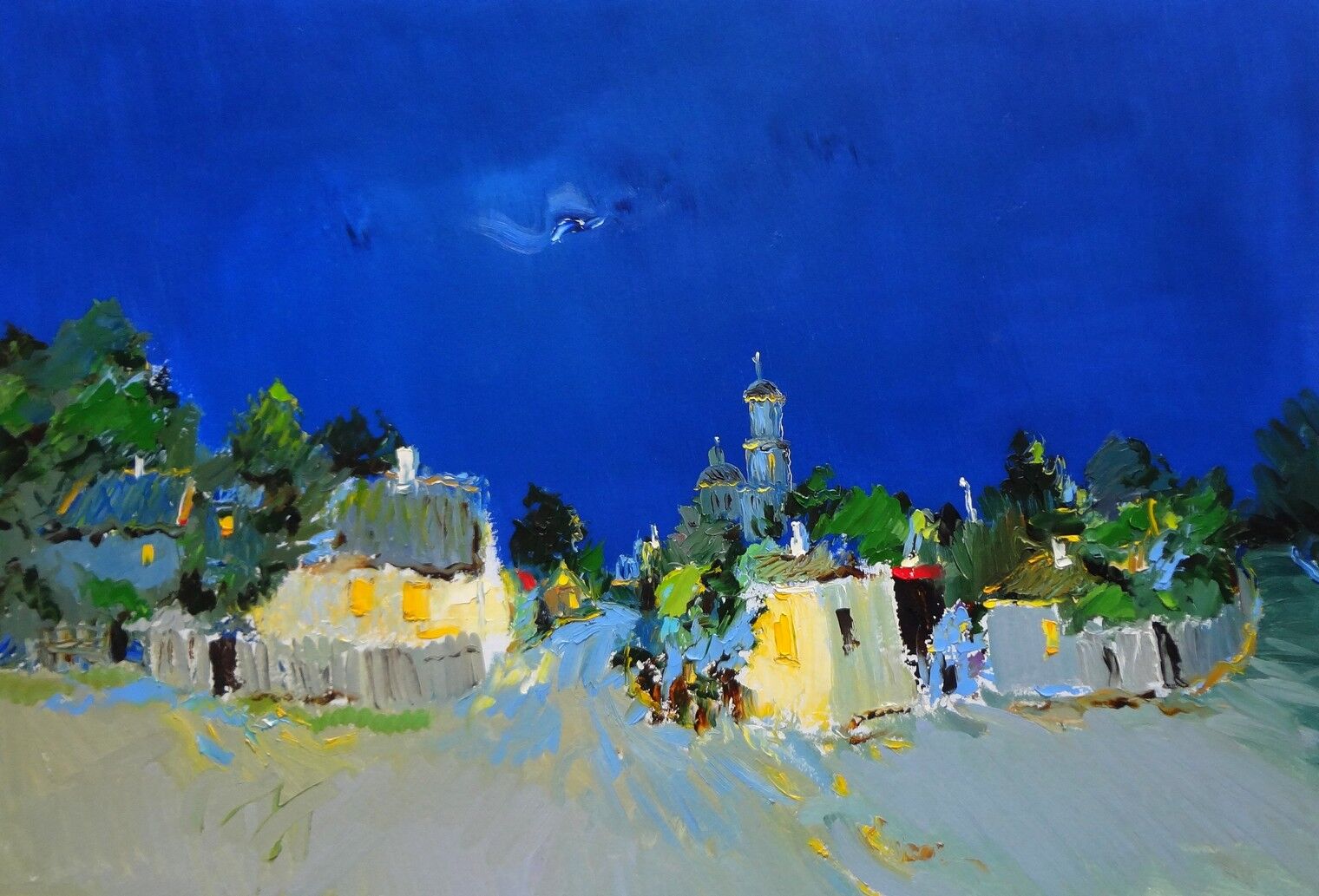 «Вечернее село», картон, масло, 70 × 90 см 2021 г.