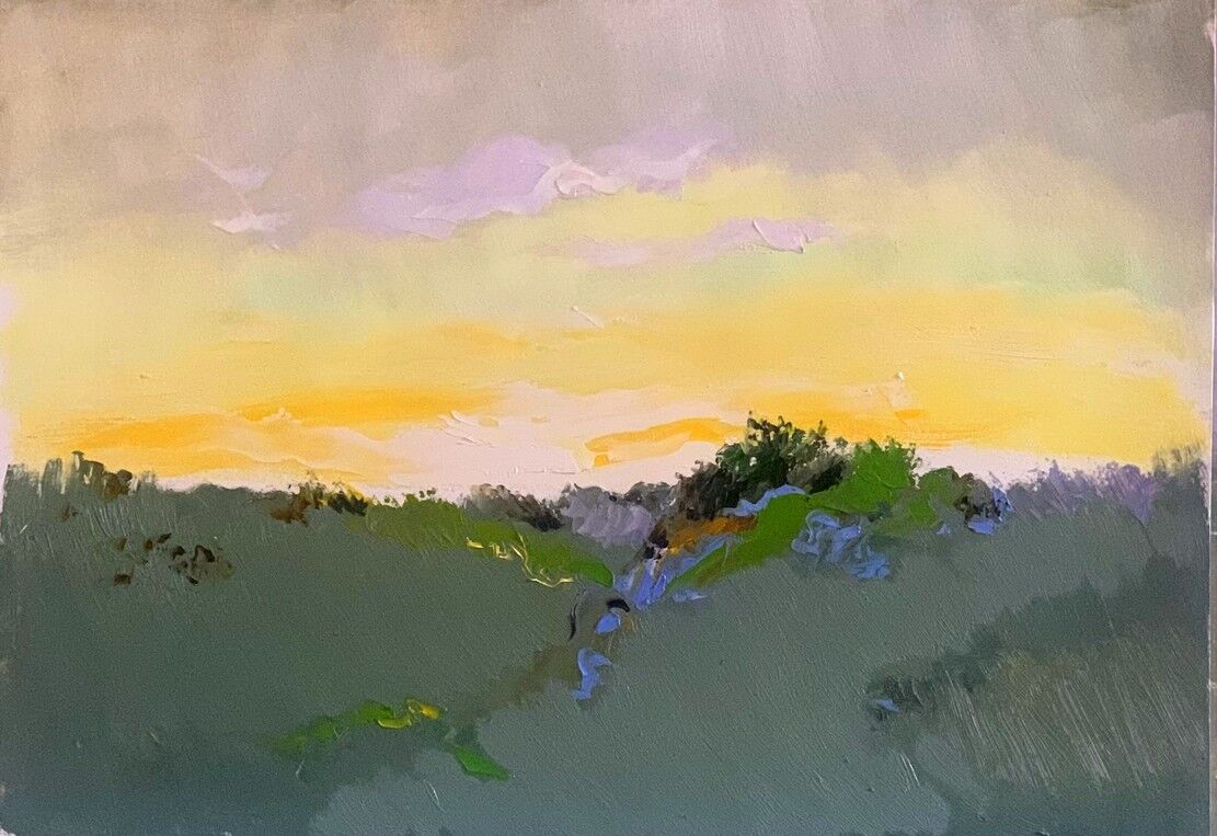 «Вечерний пейзаж», бумага, масло, 35 × 50 см 2024 г.