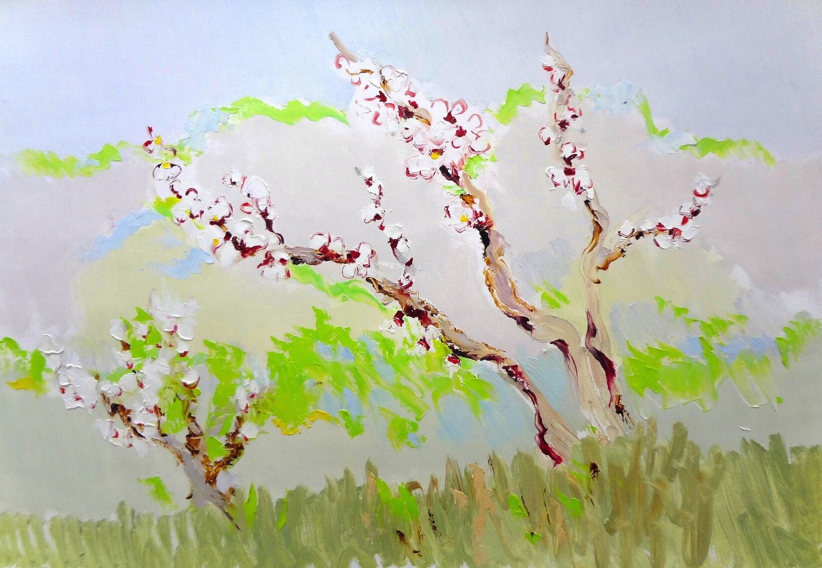 «Цветущие ветви», бумага, масло, 63 × 83 см 2024 г.
